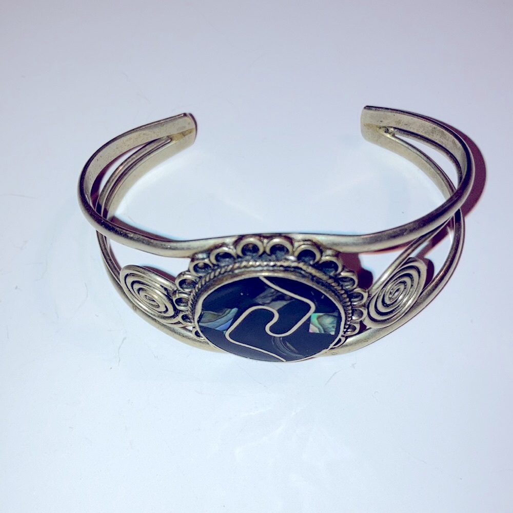 Vintage Alpaca Mexico Silver Abalone Inlay Cuff - Picture 5 of 7